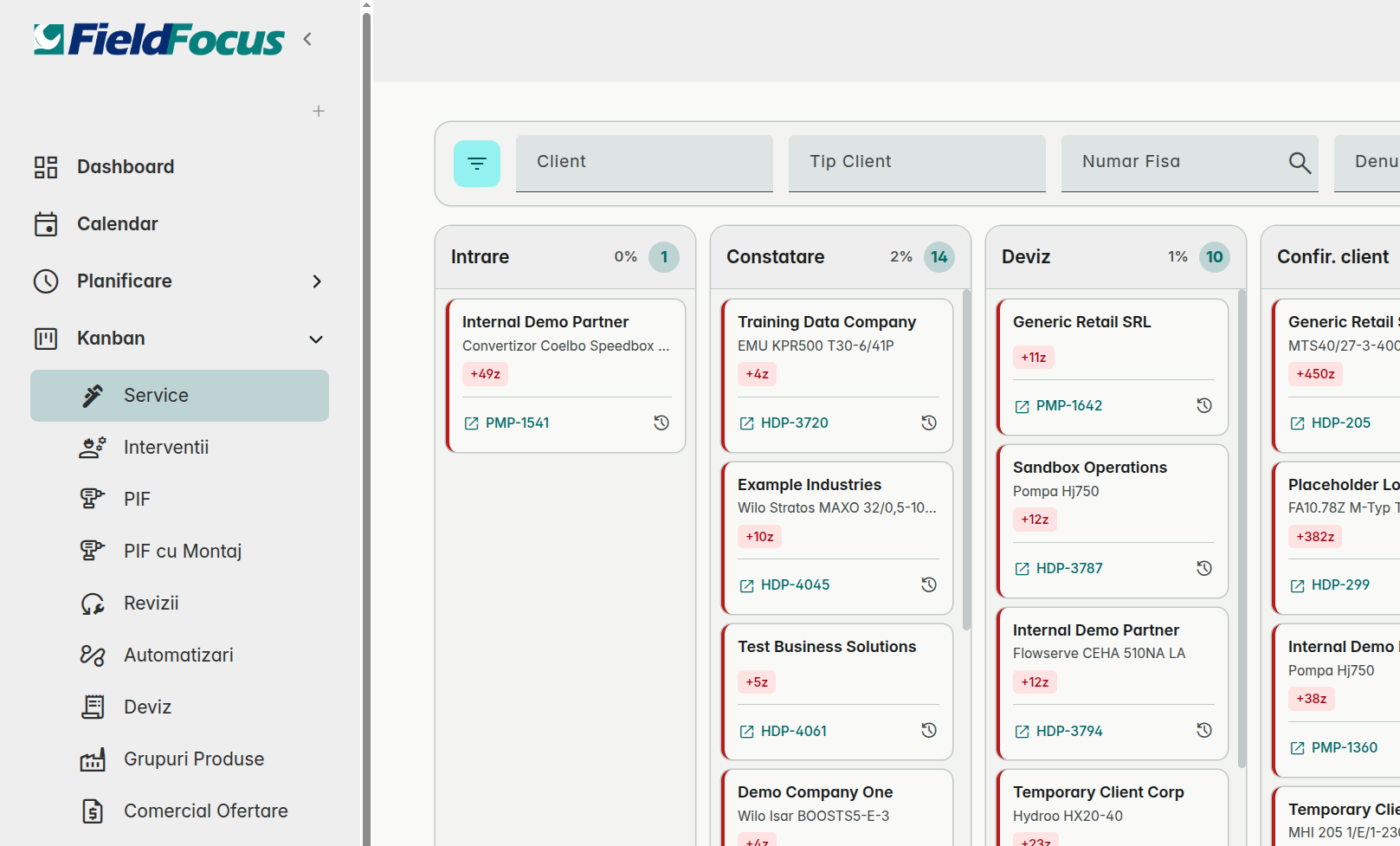 FieldFocus Kanban — fluxul intervențiilor pe coloane